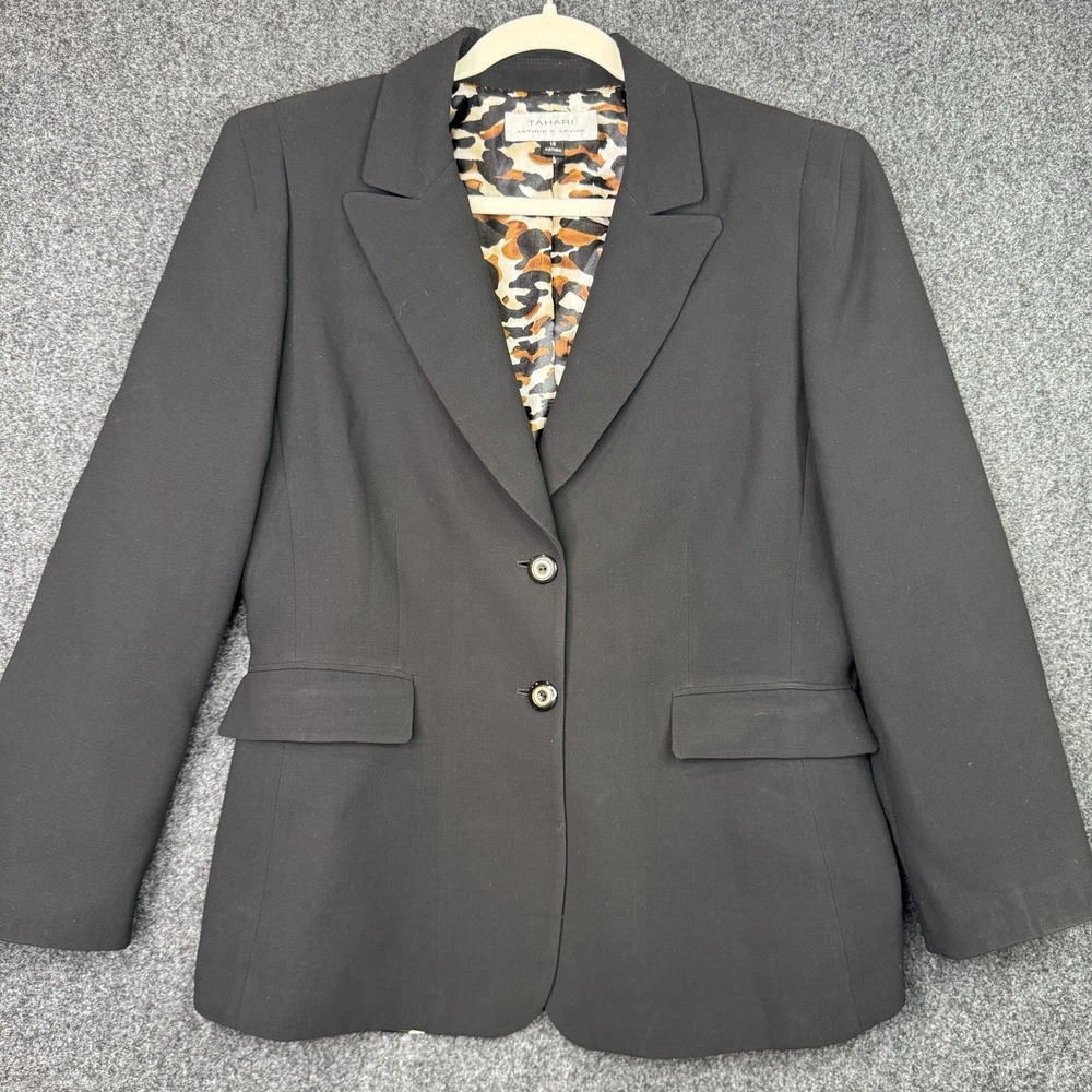Tahari Arthur S. Levine Black Blazer Jacket Women's Size 16 Leopard Print Lined